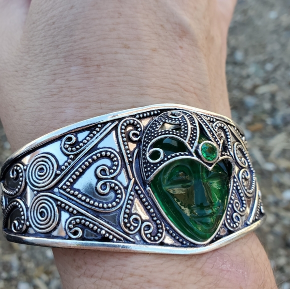 New Carved Goddess Face Green Quartz 925 Silver Cuff Bracelet. - Picture 10 of 16
